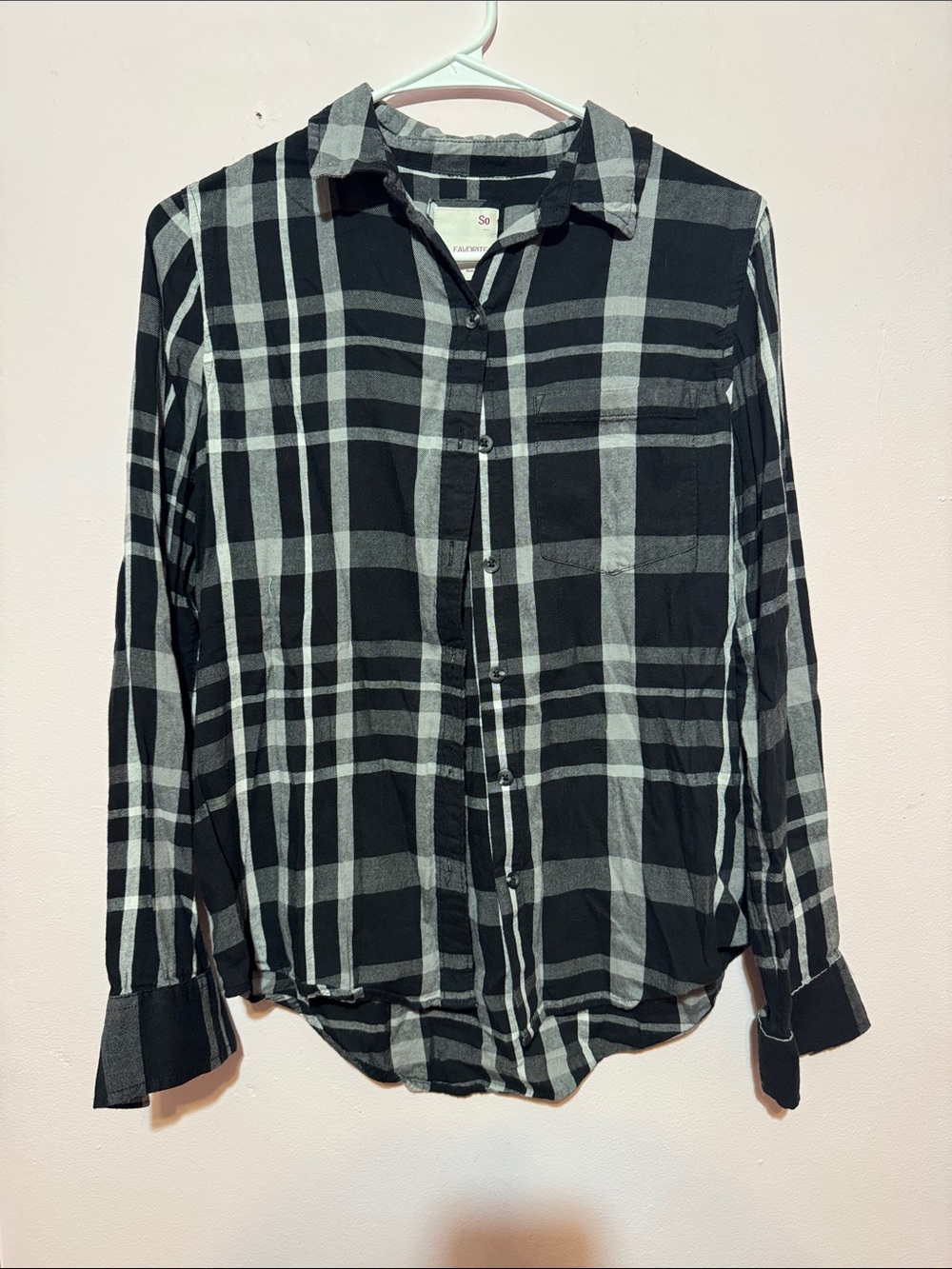 SO Black and Gray Plaid Button-Down Women's Shirt